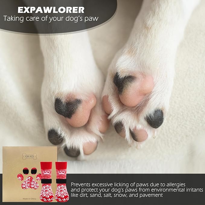 EXPAWLORER Anti Slip Dog Socks to Prevent Licking Paws, Dog Shoes for Hot Pavement, Dog Booties for Small Medium Large Senior Dogs, Traction Control Boots & Paw Protectors for Hardwood Floors-Red
