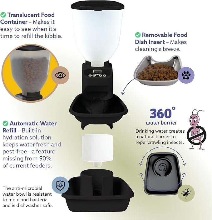 Automatic Dog & Cat Food Feeder with Water Dispenser – Smart Pet Feeder with Portion Control, OLED Display, Anti Jam Design, Battery Operated Dispenser for Medium/Large Pets - Black