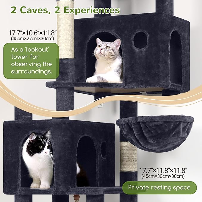 Globlazer Cat Tree, 70 inch Tall Scratching Tower Multi-Level Cat Condo for Indoor Multiple Cats with 2 Large Cat Caves, Top Perch, Large Platform, Bottom Swing, F70B, Dark Grey