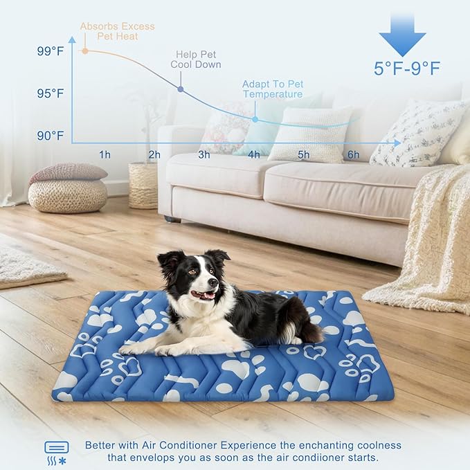 BEAUTYZOO Dog Cooling Mat- Upgraded Thicken Cooling Mat for Large Dogs Reversible(Cool & Warm) Pet Ice Cool Bed Washable & Portable, Summer Crate Pad for Big Dog Puppy Up to 44 lbs, Paw Blue 36X23IN