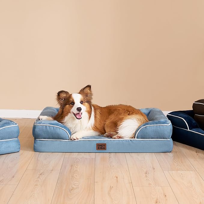 EHEYCIGA Orthopedic Dog Beds for Extra Large Dogs, Waterproof Memory Foam XXL Dog Bed with Sides, Non-Slip Bottom and Egg-Crate Foam Big Pet Couch Bed with Washable Removable Cover, Washed Blue