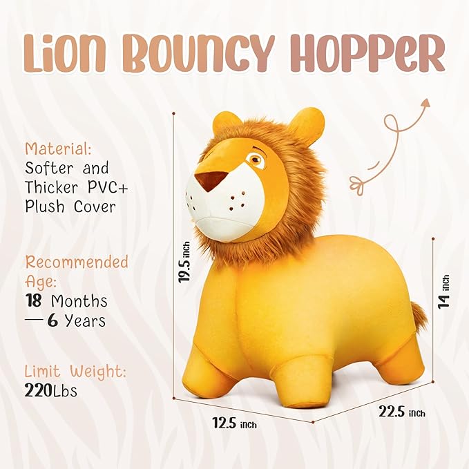EVERICH TOY Lion Bouncy Horse, Inflatable Plush Hopping Toy, Bouncing Animal Hopper for Toddlers, Fun Ride-On Toy for Kids 18 Months-6 Years, Indoor & Outdoor Play, Great Gift Boys Girls