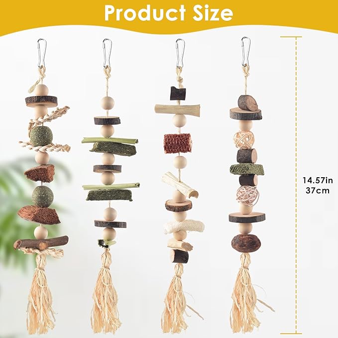 4 Pcs Bunny Chew Toys for Teeth, Hanging Rabbit Chewing Toy Treats with Timothy Grass & Natural Apple Wood, Improve Small Rodent Dental Health for Guinea Pig Hamster Chinchilla Rat Gerbil