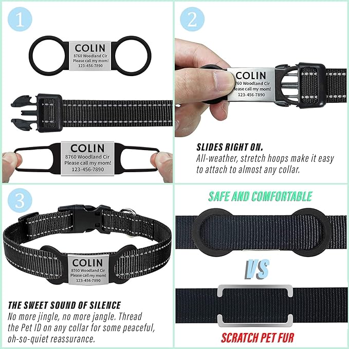 Custom Personalized Dog & Cat ID Tags - Engraved Dog Name, Silent Slide On - Small, Medium, Large Sizes