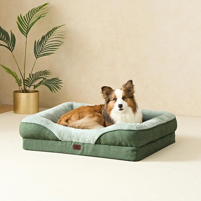 EHEYCIGA Memory Foam Dog Bed for Large Sized, Orthopedic Dog Sofa with Sides and Waterproof Liner, Washable Bolster Pet Couch with Removable Cover, 36x27x7 Inch, Green