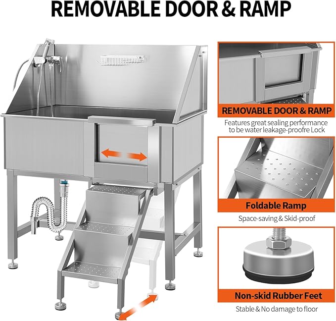 38 Inch Dog Bathing Station for Large Dogs, Stainless Steel Dog Pet Washing Station, Professional Dog Grooming Tub, Pet Wash Bath Station,Right Door