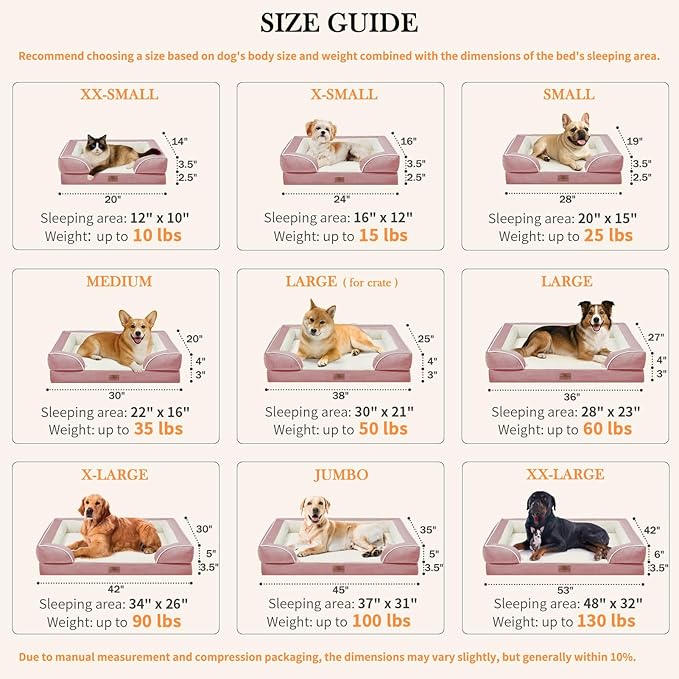Comfort Expression Small Dog Beds Waterproof Orthopedic Foam Dog Sofa Beds for Small Dogs Comfy Pet Bed with Washable Removable Cover & Non-Slip Bottom(X-Small,Pink)