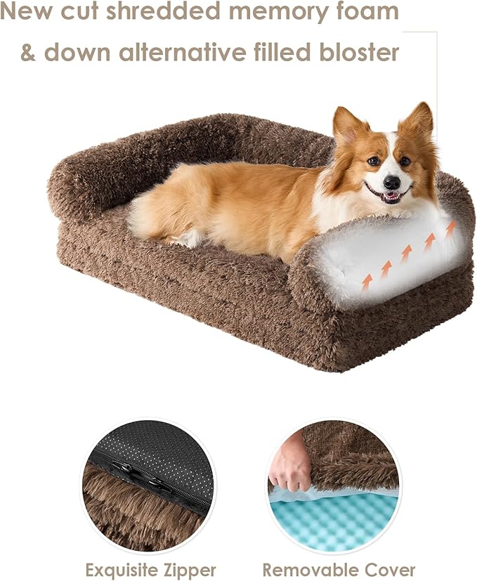 EHEYCIGA Foldable XL Dog Bed, Faux Fur Fluffy Pet Couch Bed for Large Dogs, Orthopedic Calming Memory Foam Big Pet Bed, Washable Soft Pet Sofa Bed with Non-Slip Bottom, Brown, 46"x34"x6.5"