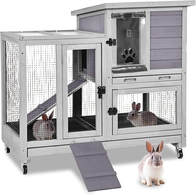 GUTINNEEN Indoor Rabbit Hutch Guinea Pig Cages with Chew-Proof Ramp, 2-Story Wooden Bunny House with Pull-Out Tray & Lockable Caster Wheels, Small Animal Cage for 2-4 Rabbits & Guinea Pigs (Grey)