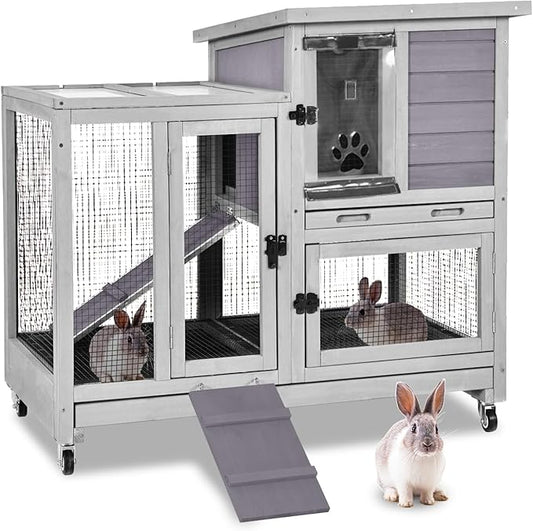 GUTINNEEN Indoor Rabbit Hutch Guinea Pig Cages with Chew-Proof Ramp, 2-Story Wooden Bunny House with Pull-Out Tray & Lockable Caster Wheels, Small Animal Cage for 2-4 Rabbits & Guinea Pigs (Grey)
