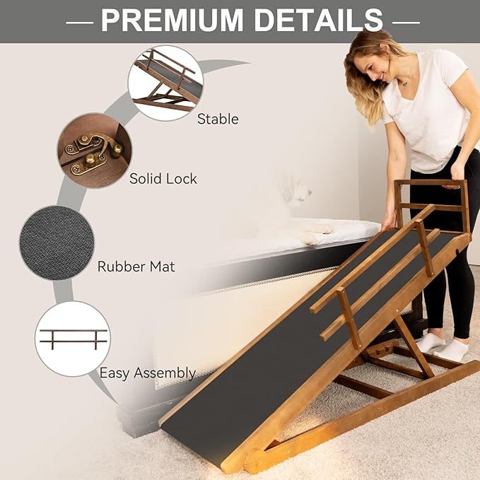 ABORON Folding Pet Ramp, 5-Level Adjustable Dog Ramp for Bed, Couch, SUV - High Traction Rubber Surface, Supports up to 200 lbs, 45.2" Long - Ideal for Small & Large Dogs & Cats,Brown Finish