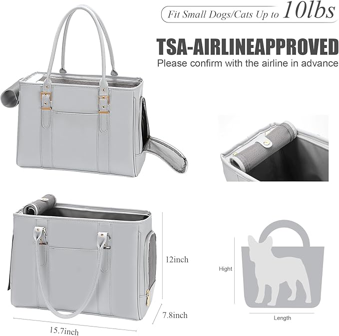 Fashion Pet Carrier Dog Purse Cat Bag Soft-Sided Carriers Travel Airline Approved, Stylish Leather Tote Handbag for Small Animal Puppy Kitten (Grey)