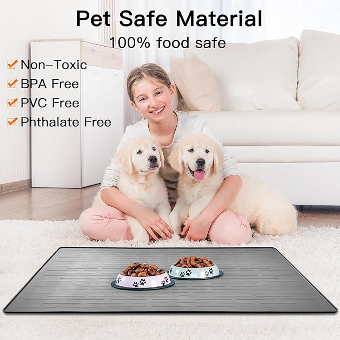39.4"x29.5" Largest Pet Food Mat, Silicone Dog Mats for Food and Water, Nonslip Pet Feeding Mats for Floors,Dog Cat Bowl Mat with Raised Edges, Gray Blue