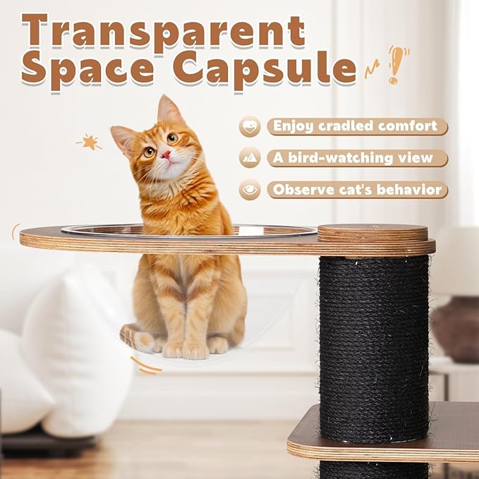 63'' Modern Cat Tree, Black Cat Tower with Scratching Post, Wooden Cat Tree for Indoor Cats Large Adult, Luxury Cat Furniture, Heavy Duty Activity Center with Transparent Bowl and Semi-Closed Condo