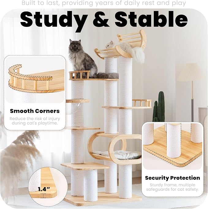 74.8" Modern Cat Tree for Indoor Cats, Tall Wood Cat Tower with Scratching Post, Heavy Duty Luxury Condo with Removable Mats, Multi-Level Cat Furniture for Cats