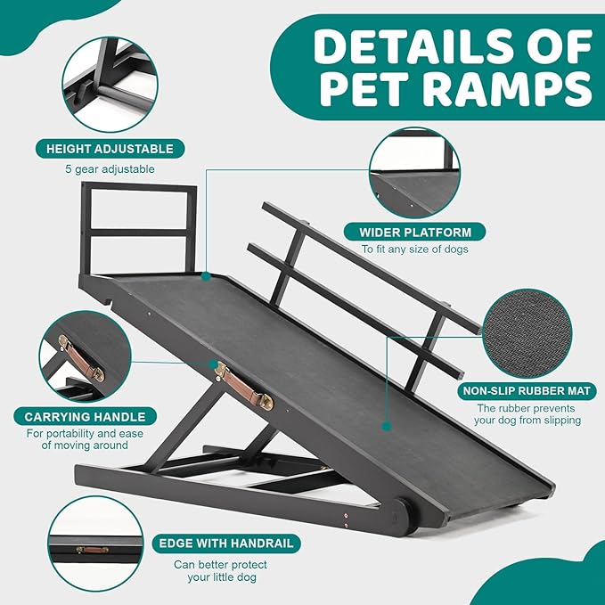 Dog Ramp for Bed, Adjustable Pet Ramps for Dog to Get on Bed, Non-Slip Rubber Surface - Folding Wooden Dog Ramp for Small/Large/Old Dogs, Adjustable up to 23.5 inch High Beds, Safety Railings
