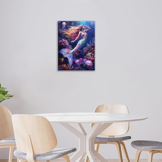 Sea Mermaid Bathroom Pictures Wall Art, Ocean Mermaid Bathroom Wall Decor, Aesthetics Framed Painting Canvas Artwork for Bedroom Living Room Decorations 20"L x 16"W