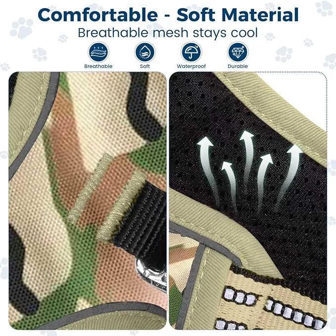 Funfox Dog Harness No Pull, Adjustable Pet Vest Harness, Super Soft Material with Vertical Handle Easy Control, Reflective Night Walking, 2 Leash Clips for Small Sized Dogs, Camo Green, S