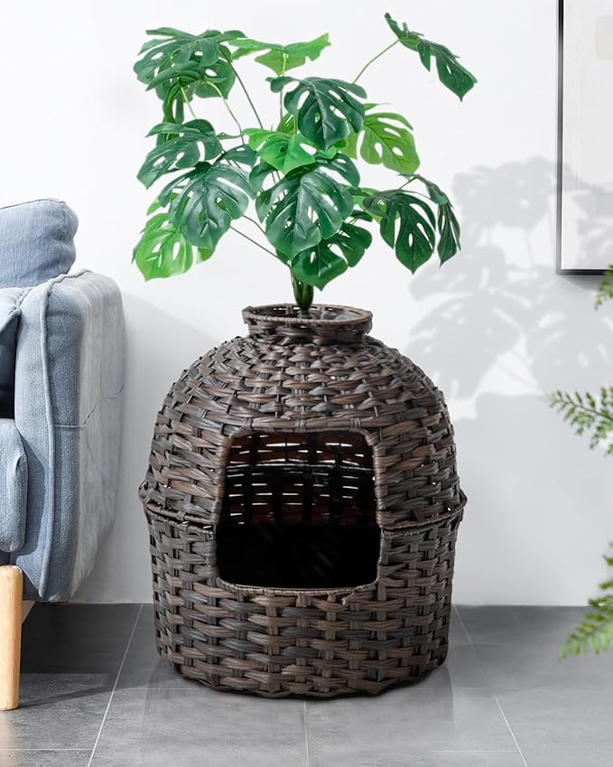 Cat Litter Box Plant Furniture Enclosure, Hidden Handwoven Rattan with Cat Litter Box and Artificial Plants, Odor Control Filter, Real Stones in Living Room, Bedroom, Corner (Brown)