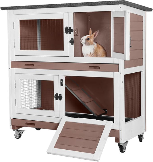 AIVITUVIN Wooden Rabbit Hutch Indoor Outdoor Rabbit Cage with Two Removable Trays Bunny Cage on Wheels Pet House Guinea Pig Cage 2 Story (Brown)