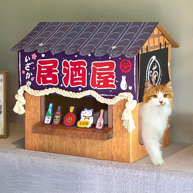 Cat Beds for Indoor Cats, Cardboard Cat House with Scratchers, Izakaya Bar, Large Sturdy Cat Furniture Condo Cave Tent, Easy to Assemble Pet Toys Accessories Stuffs, Bunny Small Animals
