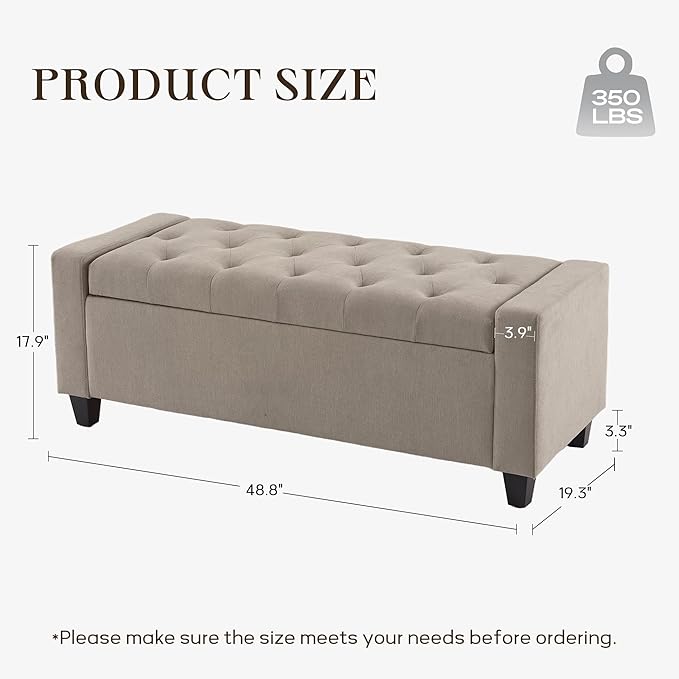 Ottoman with Storage, 48.8" Fabric Storage Ottoman Bench with Hinge, Bedroom Bench, Upholstered Benches with Seating for Living Room, Entryway (Khaki)