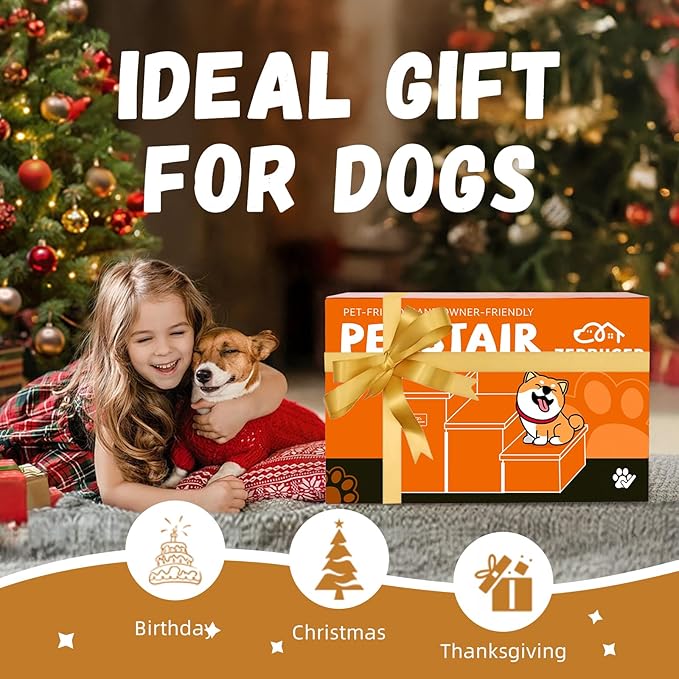 Dog Stairs with Furry Lids 18" H, 3-Step Wider Dog Steps with Storage for Small/Medium/Large Old Dogs Cats, Folding Sturdy Pet Stairs Climbing Bed Couch, Ramp for Car Up to 200 lbs, Khaki