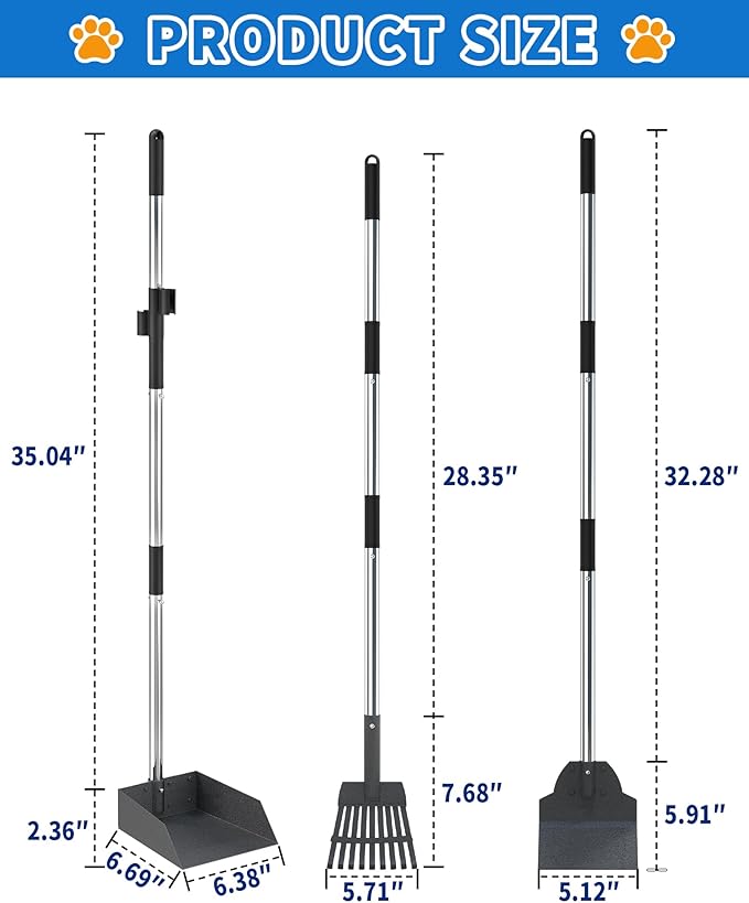 Dog Pooper Scooper Set, Stainless Metal Tray Rake Spade 3 Pack, Long Handle Pet Waste Scooper for Large Medium Small Dogs, Heavy Duty Poop Scooper for Yard, Grass, Dirt or Gravel