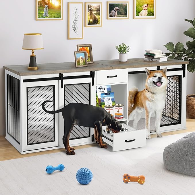 Extra Large Dog Crate Furniture, 85" Sliding Door Double Kennel for 2 Large Dogs Divided, Heavy Duty Wooden Dog Crate Kennel Furniture with 4 Dog Bowls and Drawer Indoor, White