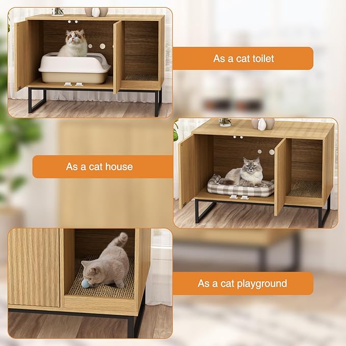 Cat Litter Box Enclosure, Fluted Hidden Litter Box Furniture with Scratch Pad and Metal Legs, Modern Enclosed Cat Cabinet, 31.5 x 17.7 x 21.7 Inches Indoor Pet House for Living Room, Washroom, Natural