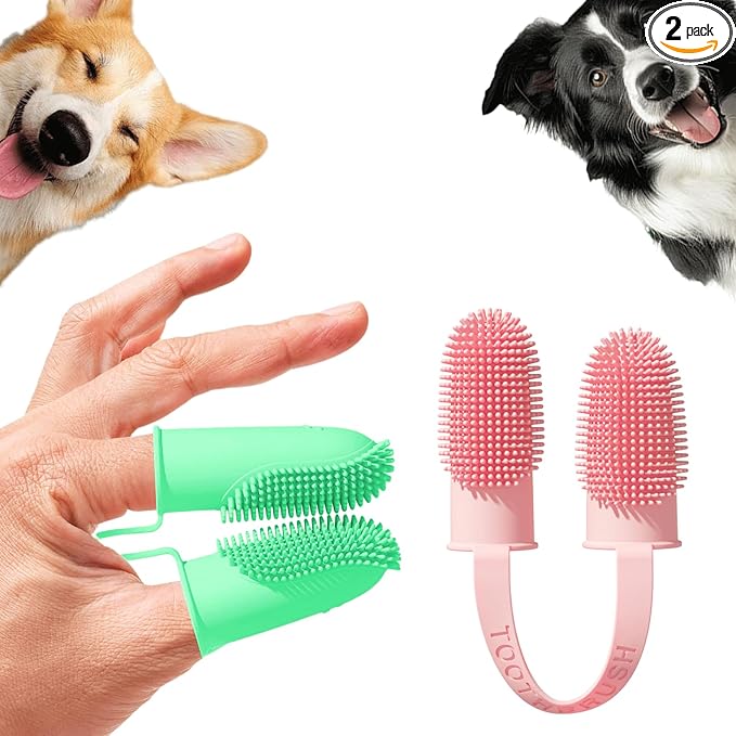 Dog Toothbrush, Dogs Tooth Brushing Kit, Cat Tooth Brush for Small to Large Dogs & Puppies, 2Pack Double Finger Toothbrush for Dog Teeth 360 Cleaning & Dental Care