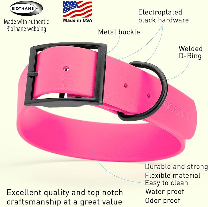 Dogline Biothane Waterproof Dog Collar Strong Coated Nylon Webbing with Black Hardware Odor- Proof for Easy Care Easy to Clean High Performance Fits Small Medium or Large Dogs, Passionfruit Pink