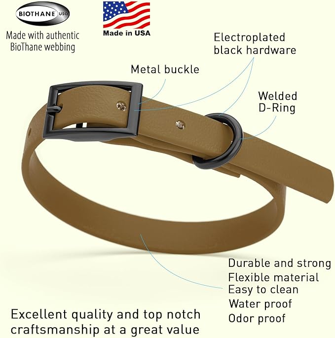 Dogline Biothane Waterproof Dog Collar Strong Coated Nylon Webbing with Black Hardware Odor- Proof for Easy Care Easy to Clean High Performance Fits Small Medium or Large Dogs, Coyote Brown