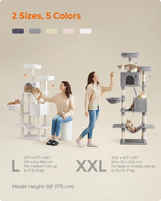 Feandrea Cat Tree, 66.1-Inch Large Cat Tower with 13 Scratching Posts, 2 Perches, 2 Caves, Basket, Hammock, Pompoms, Multi-Level Plush Cat Condo for Indoor Cats, Beige UPCT165M01