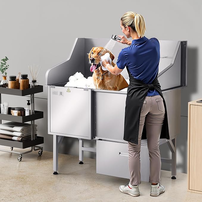 VEVOR Professional 304 Stainless Steel Dog Bathing Station, 50 inch Pet Grooming Tub w/Anti-Slip ramp, Storage Drawer, Cold Hot Faucet Showerhead, for Large & Medium & Small (Left Door, with Drawer)
