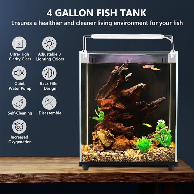 fishkeeper 4 Gallon Fish Tank Starter Kit, Small Aquarium with Filter and Adjustable 3 Color Lighting Self Cleaning Fish Bowl Rimless Aquarium for Beginners (Freshwater Fish Tank)