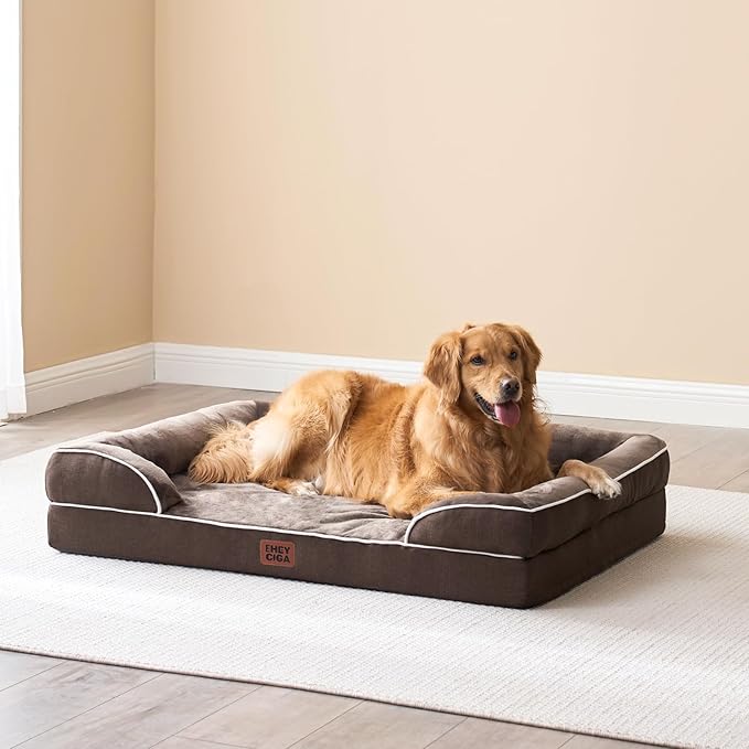 EHEYCIGA Orthopedic Dog Beds for Large Dogs, Waterproof Memory Foam Large Dog Bed with Sides, Non-Slip Bottom and Egg-Crate Foam Pet Couch Bed with Washable Removable Cover, Brown