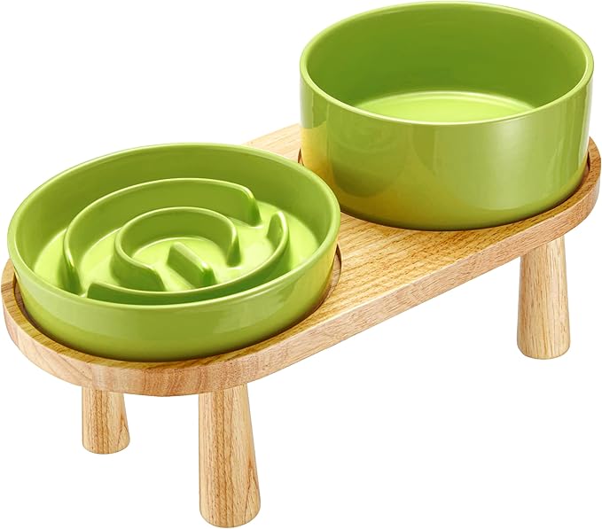 Ceramic Slow Feeder and Water Bowl Set for Medium and Large Dogs, Ceramic Dog Bowls Elevated with Wooden Stand, 2.0 Cups Dog Slow Feeder(30oz) and 70oz Water Bowl Set, Green