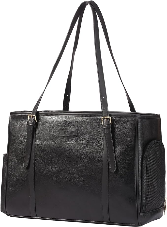 Fashion Dog Purse Pet Carrier Leather Bag for Small Dogs Cats Puppy, Portable Tote Bag Airline Approved Soft-Sided Carriers (Black)