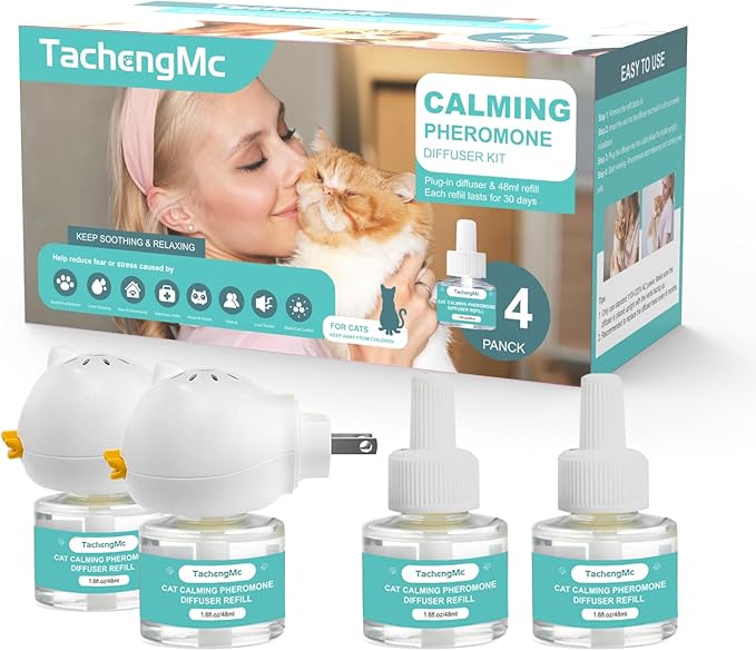 Cat Calming Diffuser, Cat Pheromones Calming Diffuser with 2 Diffuser + 4 Refill 48ml, 6-in-1 Cat Anxiety Relief Cat Pheromone Diffuser Kit 120 Days, Pheromone Diffuser to Calm Cats