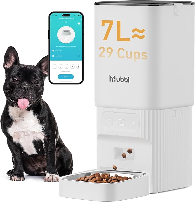 7L/29 Cups Automatic Dog Feeder, 5G WiFi Auto Cat Feeder with Desiccant Bag, Cat Food Dispenser, App Remote Feeding, Stainless Steel Bowl, Dual Power Supply, Ideal for 2-15mm Dry Food