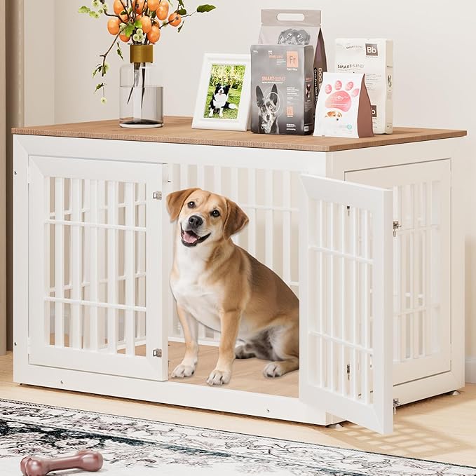 48" Heavy Duty Dog Crate Furniture for Small,Medium and Large Dogs,Rustic Wooden Dog Cage Kennel Indoor Furniture with Waterproof Top,Decorative Pet House Side End Table (White & Wood)