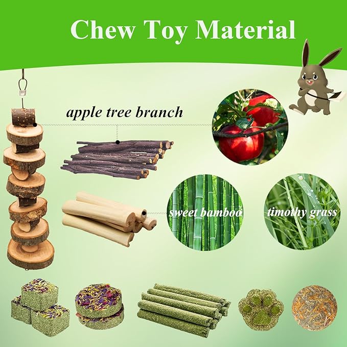 Grddaef Rabbit Toys, Guinea Pig Toys 25 Pcs Natural Timothy Hay Bunny Chews and Treats for Hamster Chinchilla Gerbil