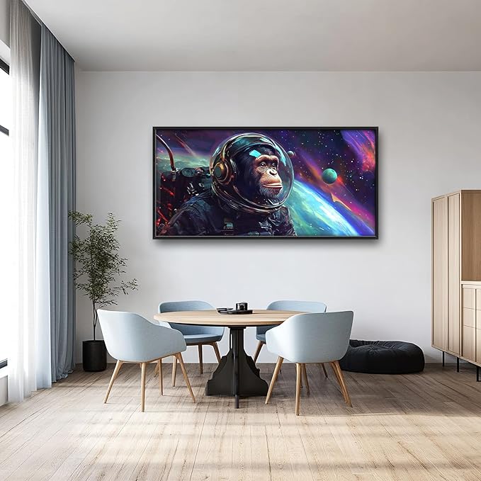 Framed Large Monkey Astronaut Wall Art, Oversized Chimpanzee Spacemen Wall Decor for Living Room, Outer Space Canvas Painting Pictures Modern Artwork for Living Room Bedroom Office 60"x30"