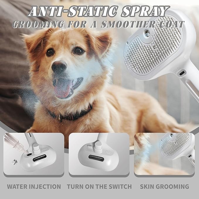 Cat Steam Brush, 3 in 1 Cat Brush for Shedding & Grooming, Water Brush for Cats Dogs, Pet Hair Removal Comb for Long Short Haired Small Animal, Self Cleaning Slicker Brush with Release Button