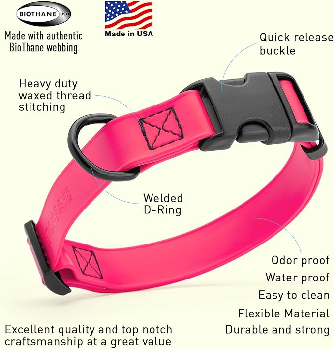 Dogline Biothane Waterproof Dog Collar with Quick Release Buckle Strong Coated Nylon Webbing with Odor- Proof for Easy Care Easy to Clean Fits Small Medium Large Dogs, Pink 5/8" W 9-14" L