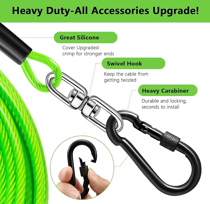 Dog Tie Out Cable 30FT-500Lbs,Heavy Duty Dog Leads Line for Yard with Swivel Hook,Medium Large Dogs Leash&Chains for Outside,Rust Chew Proof Dogs Run Cable for Outdoor Camping (Green, 30FT)