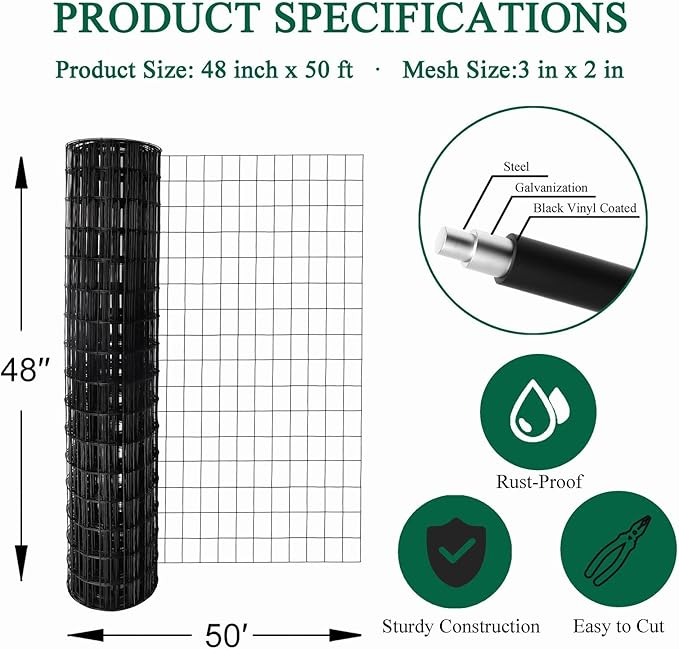 Black PVC Coated Welded Wire Fence 48 Inch x 50 Foot, 2 Inch x 3 Inch 16GA, Garden Border Fencing Roll Vinyl Coating Metal Wire Mesh for Yard Vegetable Plant Protection Poultry Netting