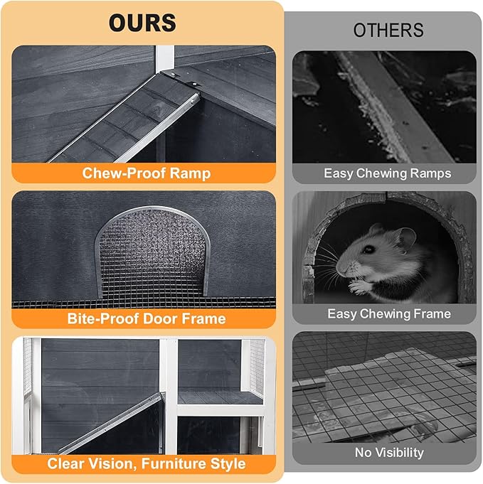 2-Story Guinea Pig Cage with Stand, Indoor Wooden Hamster Cage with Ramp, Pull-Out Tray, Hideout & Platform, Acrylic Transparent Small Animal Habitat for Chinchillas, Ferrets, Hedgehogs,Grey