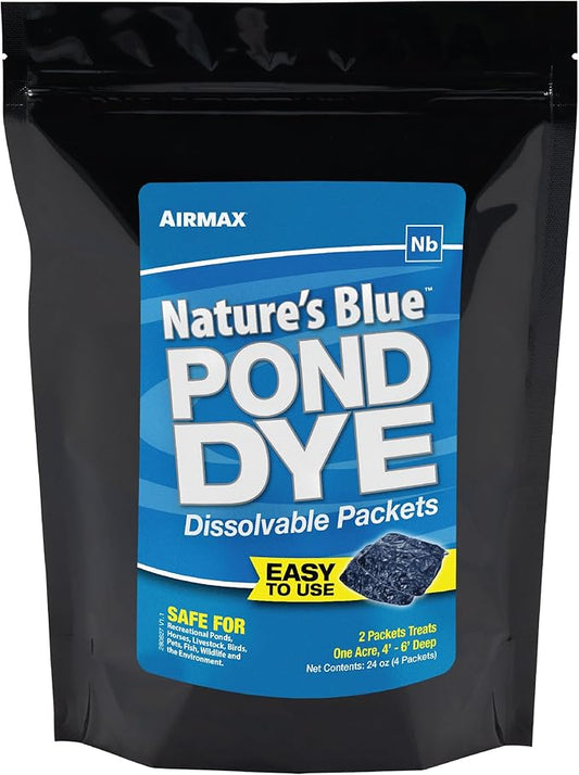Airmax Pond Dye Packets Natures Blue Colorant for Large Pond & Lake, Beneficial UV Blocking Color Concentrate, Maintain Clean & Clear Water, Fish, Bird & Animal Safe, 4 Soluble Packets
